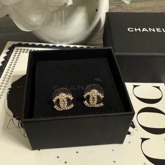 CHANEL Mini Gold Faux Pearl CC Earrings - Main Image